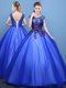 Scoop Cap Sleeves Tulle Floor Length Lace Up Sweet 16 Dress in Royal Blue with Appliques