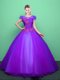 Dramatic Purple Scoop Neckline Appliques Quinceanera Gown Short Sleeves Lace Up