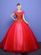 Designer Coral Red Ball Gowns Tulle Scoop Short Sleeves Appliques Floor Length Lace Up Vestidos de Quinceanera