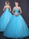 Fitting Baby Blue Sleeveless Floor Length Appliques Lace Up Quinceanera Dresses