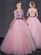 Scoop Baby Pink Lace Up 15 Quinceanera Dress Appliques Sleeveless Floor Length