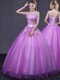 Inexpensive Scoop Sleeveless 15 Quinceanera Dress Floor Length Beading and Appliques Lilac Tulle