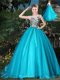 Popular Scoop Sleeveless Organza Brush Train Zipper Sweet 16 Dresses in Teal with Appliques and Belt