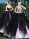 Beautiful Pink And Black Ball Gowns Scoop Sleeveless Tulle Floor Length Lace Up Appliques and Ruffles Sweet 16 Dress