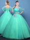 Perfect Scoop Turquoise Half Sleeves Organza Lace Up Quinceanera Dress for Military Ball and Sweet 16 and Quinceanera