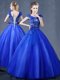 Royal Blue Organza Lace Up Quinceanera Gowns Short Sleeves Floor Length Lace and Appliques