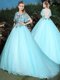 Scoop Aqua Blue Half Sleeves Brush Train Appliques Quince Ball Gowns