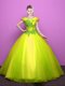 Superior Yellow Green Scoop Neckline Appliques Quinceanera Dresses Short Sleeves Lace Up