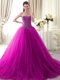 Designer Brush Train Ball Gowns Quinceanera Dress Fuchsia Sweetheart Tulle Sleeveless With Train Lace Up