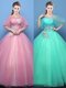 Stylish Scoop Pink and Turquoise Tulle Lace Up Quinceanera Dress Half Sleeves Floor Length Appliques