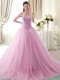 Rose Pink Tulle Lace Up Sweetheart Sleeveless With Train Quinceanera Dresses Brush Train Beading