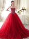 Great Sweetheart Sleeveless Quince Ball Gowns With Brush Train Beading Red Tulle