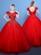 Hot Selling Scoop Short Sleeves Floor Length Appliques Lace Up Quinceanera Gowns with Red