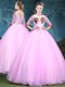 Scoop Baby Pink Ball Gowns Appliques Sweet 16 Dresses Lace Up Tulle Half Sleeves Floor Length