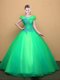 Turquoise Tulle Lace Up Scoop Short Sleeves Floor Length Quince Ball Gowns Appliques