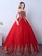 Sexy Red Ball Gowns Tulle Strapless Sleeveless Appliques and Sequins Floor Length Lace Up Quinceanera Dress