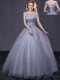 Scoop Tulle Cap Sleeves Floor Length Quinceanera Gowns and Beading and Belt