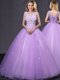 Lavender Lace Up V-neck Lace and Appliques Vestidos de Quinceanera Tulle Sleeveless
