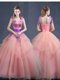 High Class Watermelon Red Organza Lace Up V-neck Sleeveless Floor Length Quinceanera Gowns Appliques