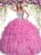 Rose Pink Ball Gowns Beading and Ruffles Sweet 16 Quinceanera Dress Lace Up Organza Sleeveless Floor Length