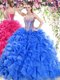 Blue Quinceanera Gowns Organza Sweep Train Sleeveless Beading and Ruffles