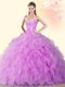 Dynamic Floor Length Lace Up Quinceanera Gowns Lilac for Military Ball and Sweet 16 and Quinceanera with Beading and Ruffles