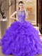 Stunning Purple Scoop Neckline Beading and Ruffles Ball Gown Prom Dress Sleeveless Lace Up
