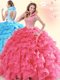 Exquisite Coral Red Organza Backless High-neck Sleeveless Floor Length Quinceanera Dresses Beading and Ruffles