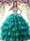 Floor Length Lace Up Quince Ball Gowns Green for Military Ball and Sweet 16 and Quinceanera with Beading and Ruffled Layers