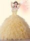 Gold Ball Gowns Sweetheart Sleeveless Organza Floor Length Lace Up Beading and Ruffles 15th Birthday Dress