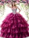 Luxury Sweetheart Sleeveless 15 Quinceanera Dress Floor Length Beading and Ruffled Layers Fuchsia Organza