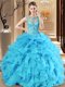 Scoop Floor Length Baby Blue Ball Gown Prom Dress Organza Sleeveless Beading and Ruffles