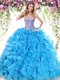 Baby Blue Lace Up Quinceanera Gowns Beading and Ruffles Sleeveless Sweep Train