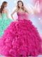 Sweet Hot Pink Sleeveless Organza Lace Up Sweet 16 Quinceanera Dress for Military Ball and Sweet 16 and Quinceanera