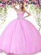 Graceful Floor Length Rose Pink Ball Gown Prom Dress Tulle Sleeveless Beading