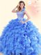 Glorious Backless Floor Length Blue Sweet 16 Dress Organza Sleeveless Beading and Ruffles