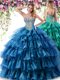 Sweetheart Sleeveless 15th Birthday Dress Floor Length Beading and Ruffled Layers Teal Organza