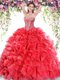 Red Organza Lace Up Sweetheart Sleeveless Ball Gown Prom Dress Sweep Train Beading and Ruffles