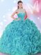 Aqua Blue Sleeveless Organza Zipper Ball Gown Prom Dress for Military Ball and Sweet 16 and Quinceanera