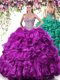 Floor Length Purple Sweet 16 Dresses Organza Sleeveless Beading and Ruffles