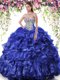 Eye-catching Sleeveless Floor Length Beading and Ruffles Lace Up Quince Ball Gowns with Royal Blue