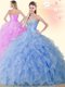 Floor Length Lace Up Quinceanera Gowns Blue for Military Ball and Sweet 16 and Quinceanera with Beading and Ruffles