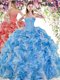 Floor Length Lace Up Quince Ball Gowns Blue And White for Military Ball and Sweet 16 and Quinceanera with Beading and Ruffles