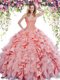 Watermelon Red Sleeveless Floor Length Beading and Ruffles Lace Up Quince Ball Gowns