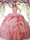 Sleeveless Floor Length Beading and Pick Ups Lace Up Ball Gown Prom Dress with Watermelon Red