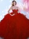 Fancy Ball Gowns Quinceanera Gown Wine Red High-neck Tulle Sleeveless Floor Length Zipper