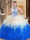 Designer Halter Top Sleeveless Tulle Floor Length Lace Up Quinceanera Dress in Blue And White with Beading and Ruffles