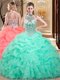Halter Top Apple Green Lace Up Ball Gown Prom Dress Beading and Ruffles and Pick Ups Sleeveless Floor Length