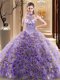 Dramatic Halter Top With Train Multi-color Quinceanera Dresses Fabric With Rolling Flowers Brush Train Sleeveless Beading