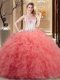 Traditional Floor Length Lace Up Quince Ball Gowns Watermelon Red and Orange for Prom and Military Ball and Sweet 16 and Quinceanera with Embroidery and Ruffled Layers